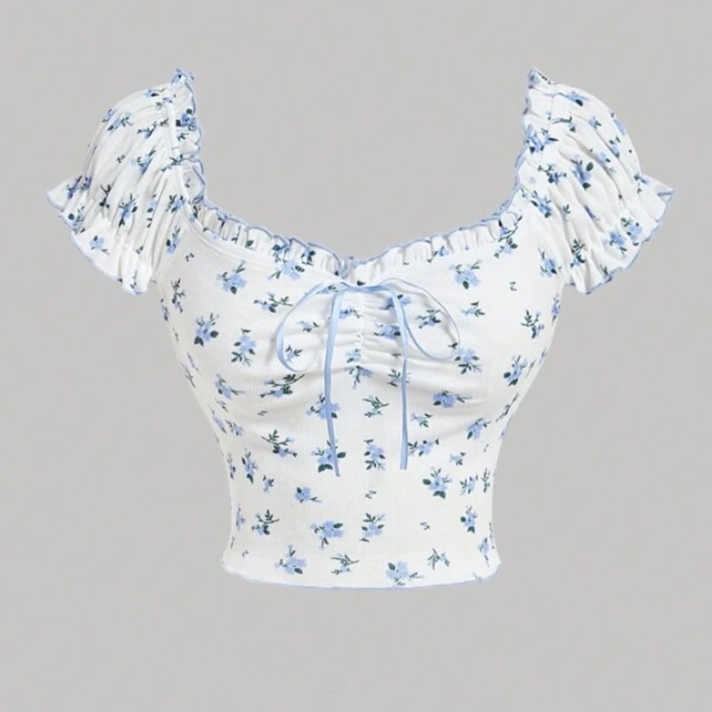 Blue Floral Ruffle Off Shoulders Girly Cropped Top Size S NWT